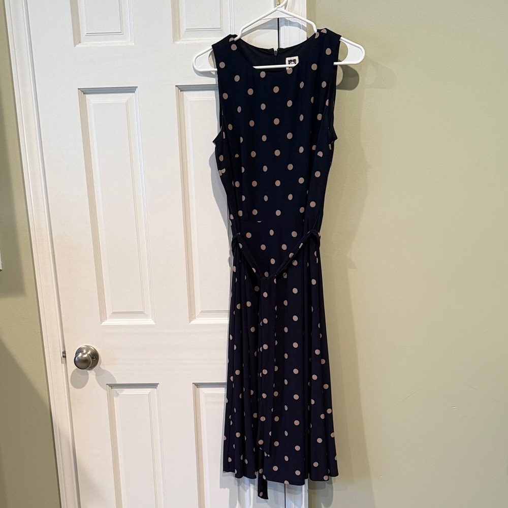 Anne Klein Navy and Beige Polka Dot Midi Dress